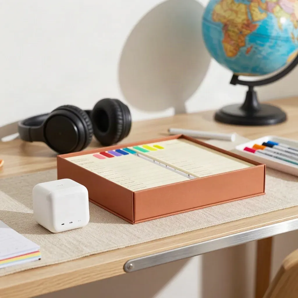 Englische Lernzone mit Globus, Kopfhörern, Timer und sortierter Vokabelbox auf hellem Holz.