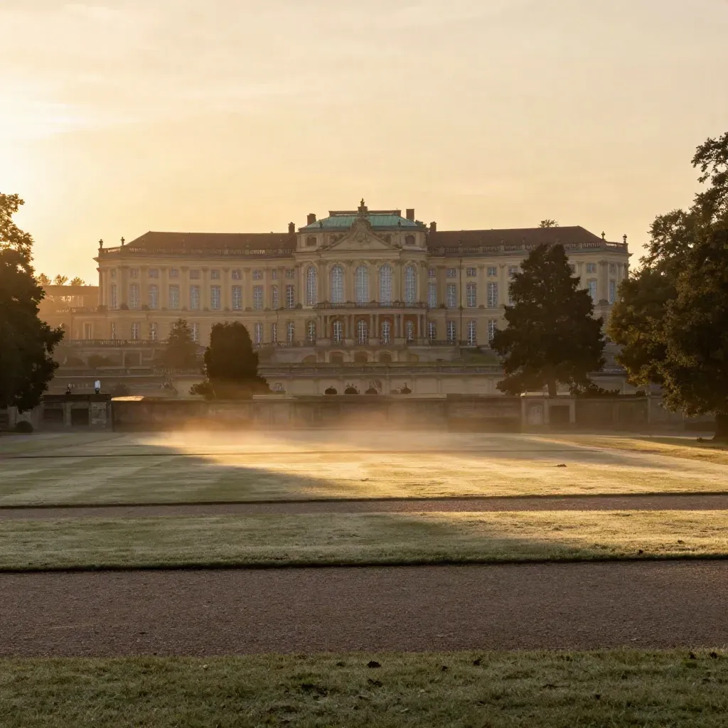Potsdam im goldenen Morgenlicht, Sanssouci hoch im Bild, ruhige Parkflächen und Nebel im Vordergrund.