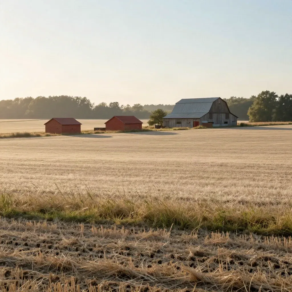 Brandenburg-Landschaft mit Feldrand, Backsteingebäuden und Baumlinie im warmen Abendlicht.